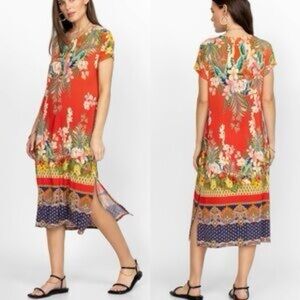 Johnny Was Rapsodia Printed Henley Dress XS tropical floral stretch bamboo comfy